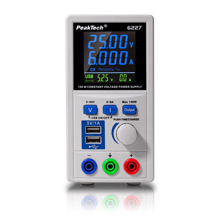 PeakTech 6227 DC Switching Power Supply (0 - 60 V, 0 - 6 A) with colour LCD & 2x USB - Elektor